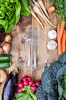 Fresh organic bio vegetables on wooden background