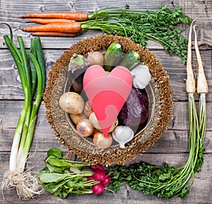 Fresh organic bio vegetables on wooden background