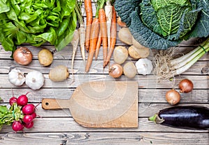 Fresh organic bio vegetables on wooden background