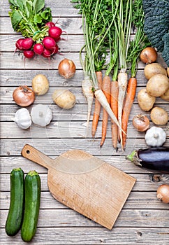 Fresh organic bio vegetables on wooden background