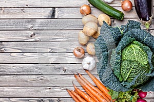 Fresh organic bio vegetables on wooden background