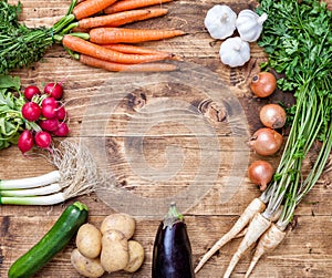 Fresh organic bio vegetables on wooden background