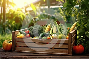 Fresh organic bio vegetables in a wooden box on a blurred green background. Harvesting. Harvest and healthy food concept.