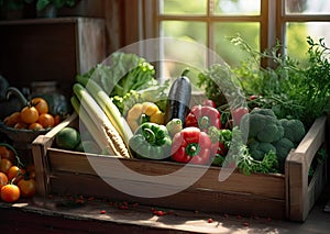 Fresh organic bio vegetables in a wooden box on a blurred green background. Harvesting. Harvest and healthy food concept.