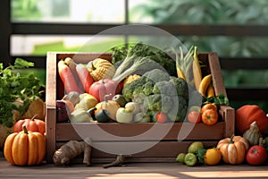 Fresh organic bio vegetables in a wooden box on a blurred green background. Harvesting. Harvest and healthy food concept.