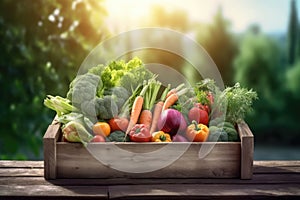 Fresh organic bio vegetables in a wooden box on a blurred green background. Harvesting. Harvest and healthy food concept.