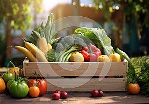 Fresh organic bio vegetables in a wooden box on a blurred green background. Harvesting. Harvest and healthy food concept.