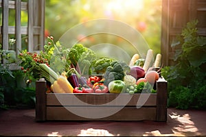 Fresh organic bio vegetables in a wooden box on a blurred green background. Harvesting. Harvest and healthy food concept.