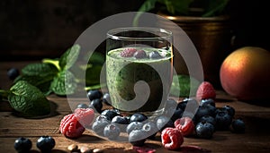 Fresh organic blueberry smoothie in rustic wooden bowl generated by AI