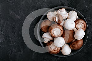 Fresh organic brown and white champignon mushrooms in bowl on dark stone background