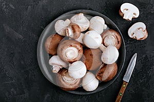 Fresh organic brown and white champignon mushrooms in bowl on dark stone background