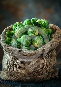 Fresh organic Brussels sprouts in burlap bag on wooden table