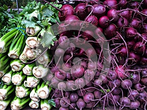 Fresh organic celery and beetroot at farmers Market