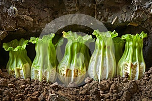 Fresh Organic Celery Growing in Soil at Local Farm Agricultural Concept, Healthy Vegetables, Sustainable Farming