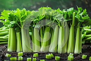 Fresh Organic Celery Stalks Arranged Neatly on Dark Soil Background Healthy Food and Agriculture Concept