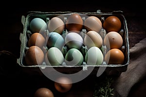 Fresh organic chicken eggs in carton on wooden rustic background