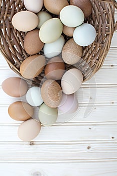 Fresh organic chickeneggs in old dusty basket on wooden backgrou