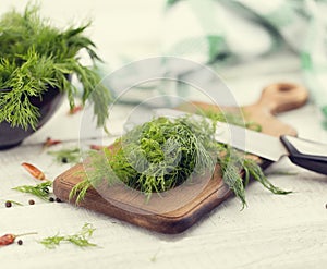 Fresh organic dill on a cutting board and a bunch of dill on a c