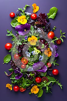 Fresh Organic Edible Flowers and Green Salad Mix with Cherry Tomatoes on Purple Background