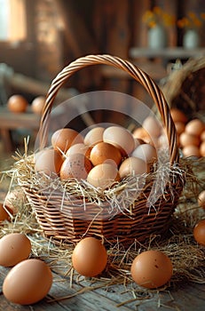 Fresh organic eggs in basket on wooden rustic background