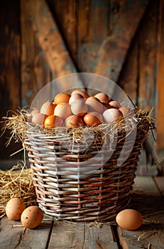 Fresh organic eggs in basket on wooden rustic background
