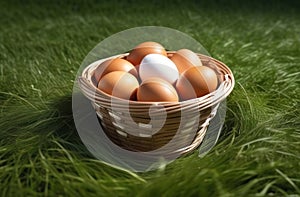 Fresh, organic eggs nestled in a basket surrounded by lush green grass