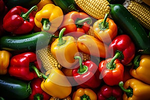 Fresh organic farm produce - sweet corn, assorted peppers, zucchini, top view, close-up