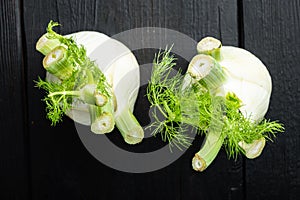 Fresh organic fennel, on black wooden table, flat lay