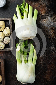 Fresh organic fennel, on old rustic background, top view