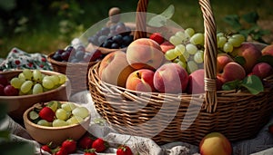 Fresh organic fruit basket, ripe for a healthy summer picnic generated by AI