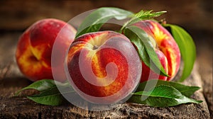 Fresh organic fruit - peaches on wood background