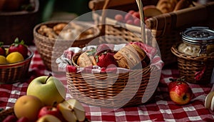 Fresh organic fruit in wicker basket, perfect for summer picnic generated by AI
