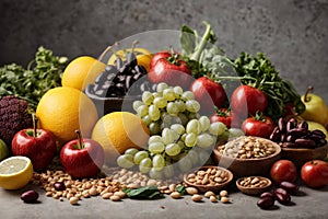 Fresh organic fruits vegetables and beans on a light gray background representing organic food.