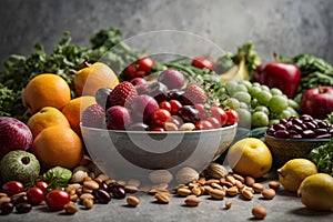 Fresh organic fruits vegetables and beans on a light gray background representing organic food.