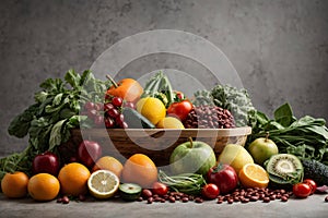 Fresh organic fruits vegetables and beans on a light gray background representing organic food.