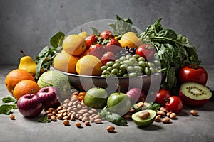 Fresh organic fruits vegetables and beans on a light gray background representing organic food.
