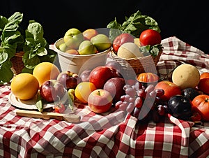 Fresh organic fruits and vegetables in bowls on a table with a checkered tablecloth