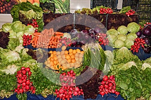 Fresh and organic fruits and vegetables at farmers market. Biological and organic