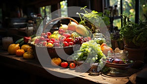 Fresh organic fruits and vegetables in a rustic wicker basket generated by AI