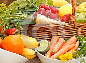 Fresh organic fruits and vegetables in wicker basket