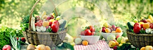 Fresh organic fruits and vegetables in wicker basket and in bowl on table