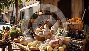 Fresh organic fruits and vegetables in wicker basket generated by AI