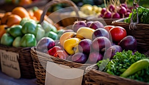 Fresh organic fruits and vegetables in a wicker basket for sale generated by AI