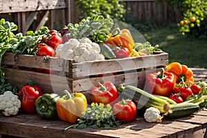 fresh organic fruits and vegetables in a wooden crate