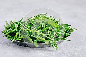 Fresh organic green leaves of arugula, ingredient for healthy salad