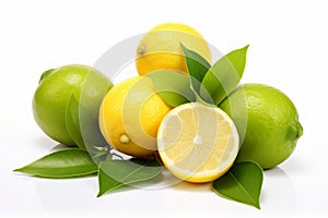 Fresh organic green lemon with leaves isolated on white background for food and beverage concepts