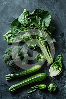 Fresh Organic Green Vegetables on Dark Slate Background