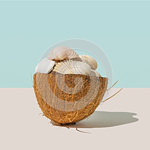 Fresh organic half coconut fill with various of different sea shells. Bright blue sky and light beige background. Minimal modern