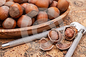 Fresh organic high quality hazelnuts, filberts and stainless steel nutcracker on natural cork