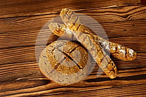 Fresh organic homemade bakery on a wooden background